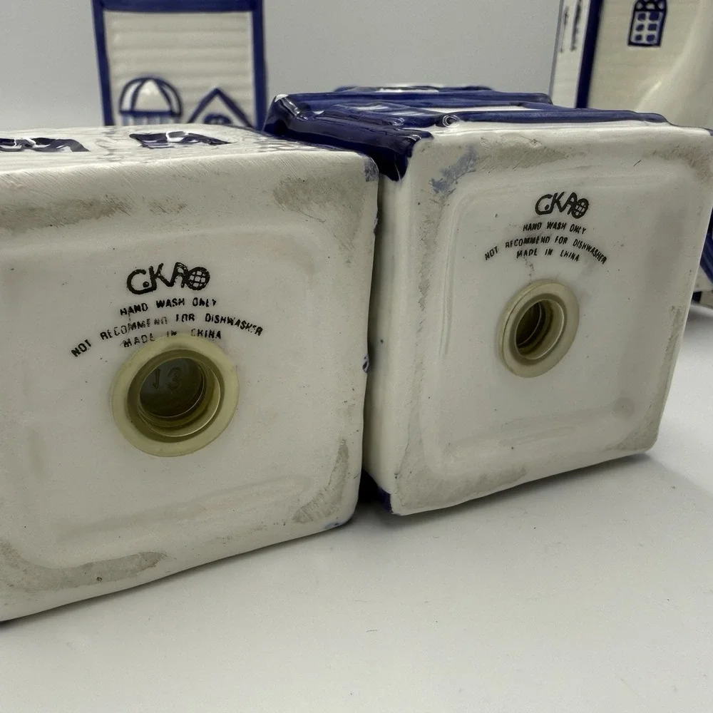 Vtg CKAO Blue White Ceramic House Canister Set 5pc w Lids Pasta Tea Cottagecore